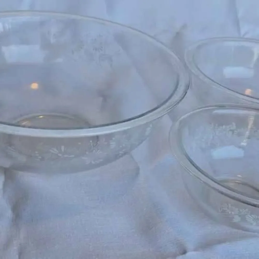 Vintage Pyrex Colonial Mist White Lace Clear Nesting Bowl Mixing Bowl Set of 3